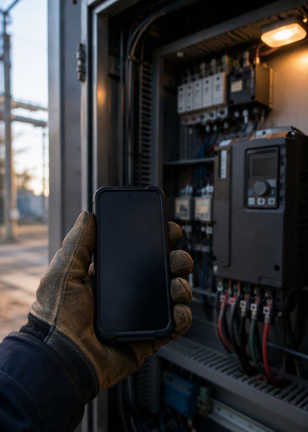 Illustrative scene: a technician at an industrial control cabinet (AI-generated illustration, not a Blue Ridge facility)