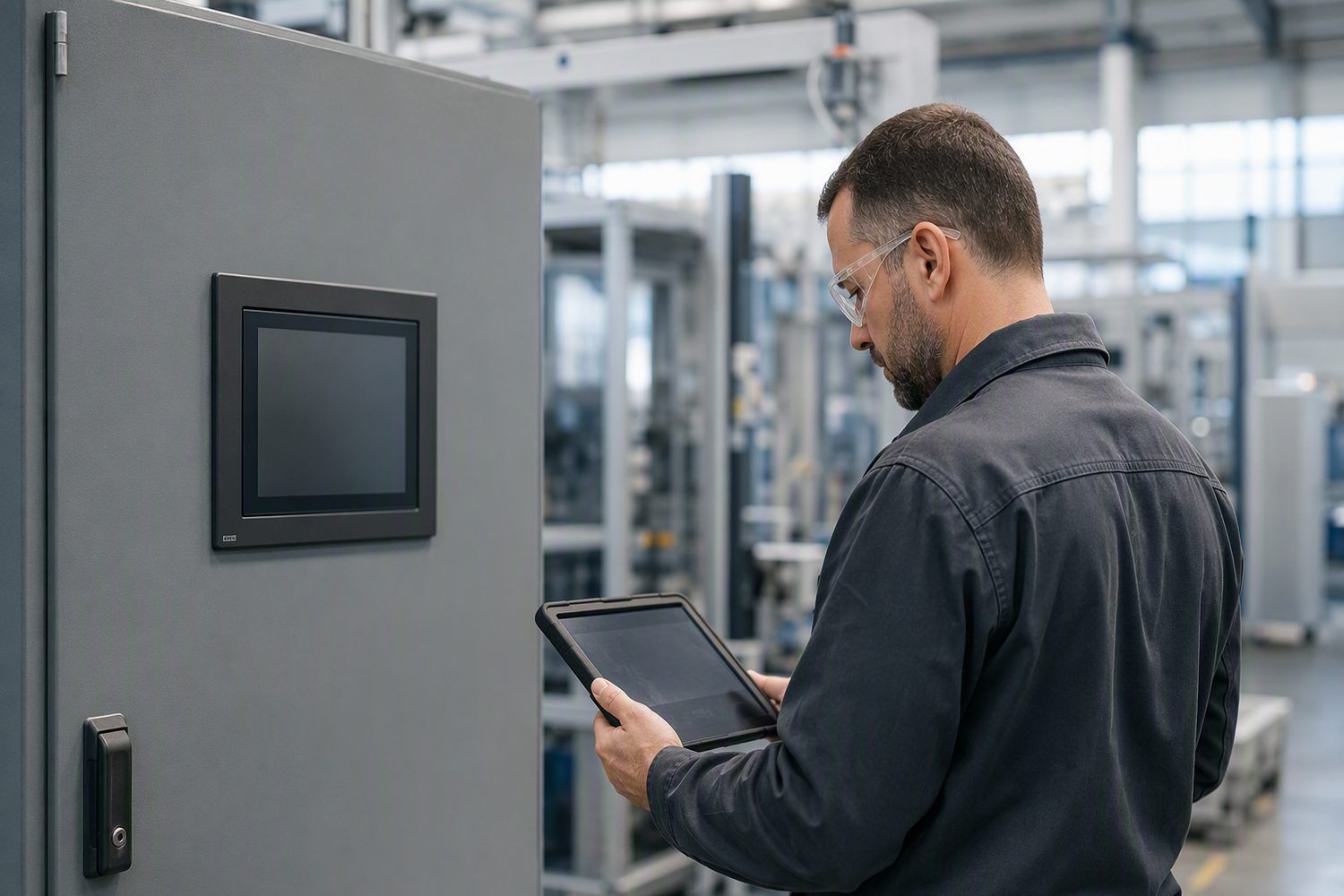 Illustrative scene: a controls technician reviewing a tablet beside a closed industrial control cabinet